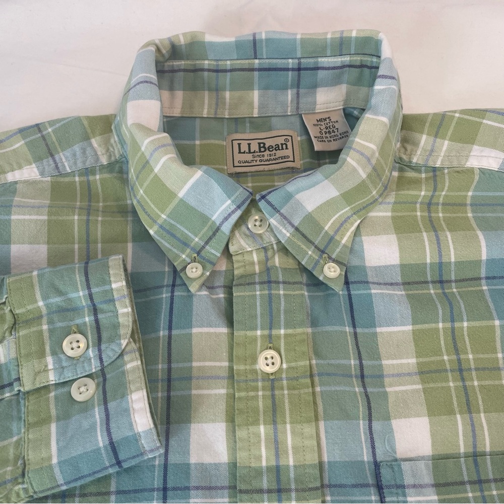 L.L. Bean Green and Blue Plaid Casual Button Down Shirt